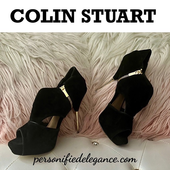 NEW Colin Stuart Black Suede Gold Metal Heel Cutout Ankle Booties Size 11B - Picture 16 of 16